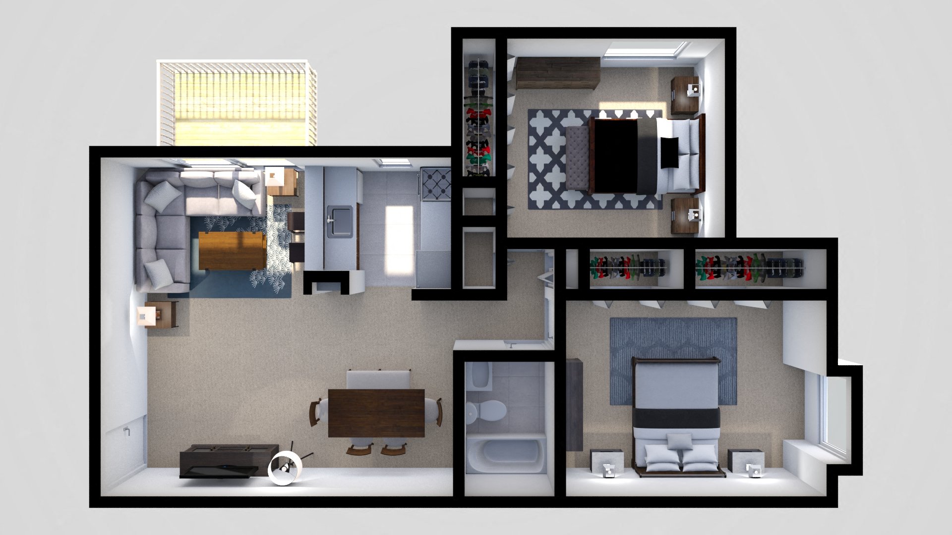 Floor plan for 2 beds, 1 bath, 851 sqft
